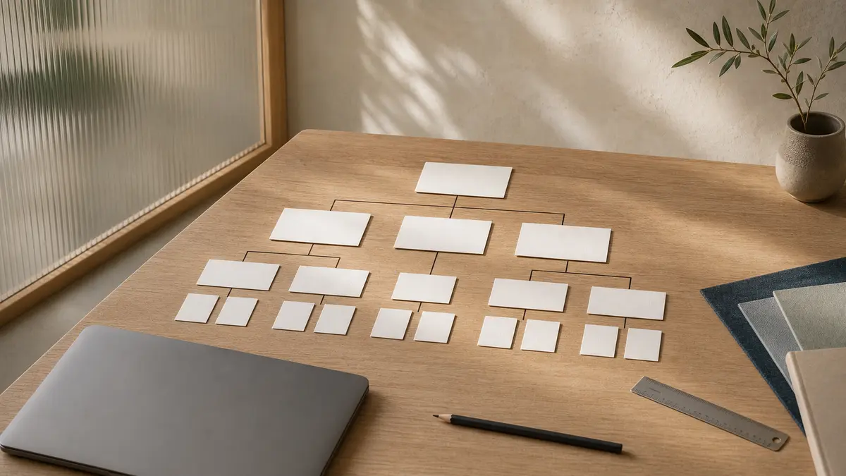 Cartes de papier organisées comme l’arborescence d’un site sur une table en bois