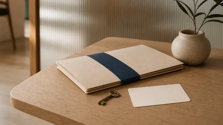 Dossier de papier fermé par une bande bleue et clé en laiton