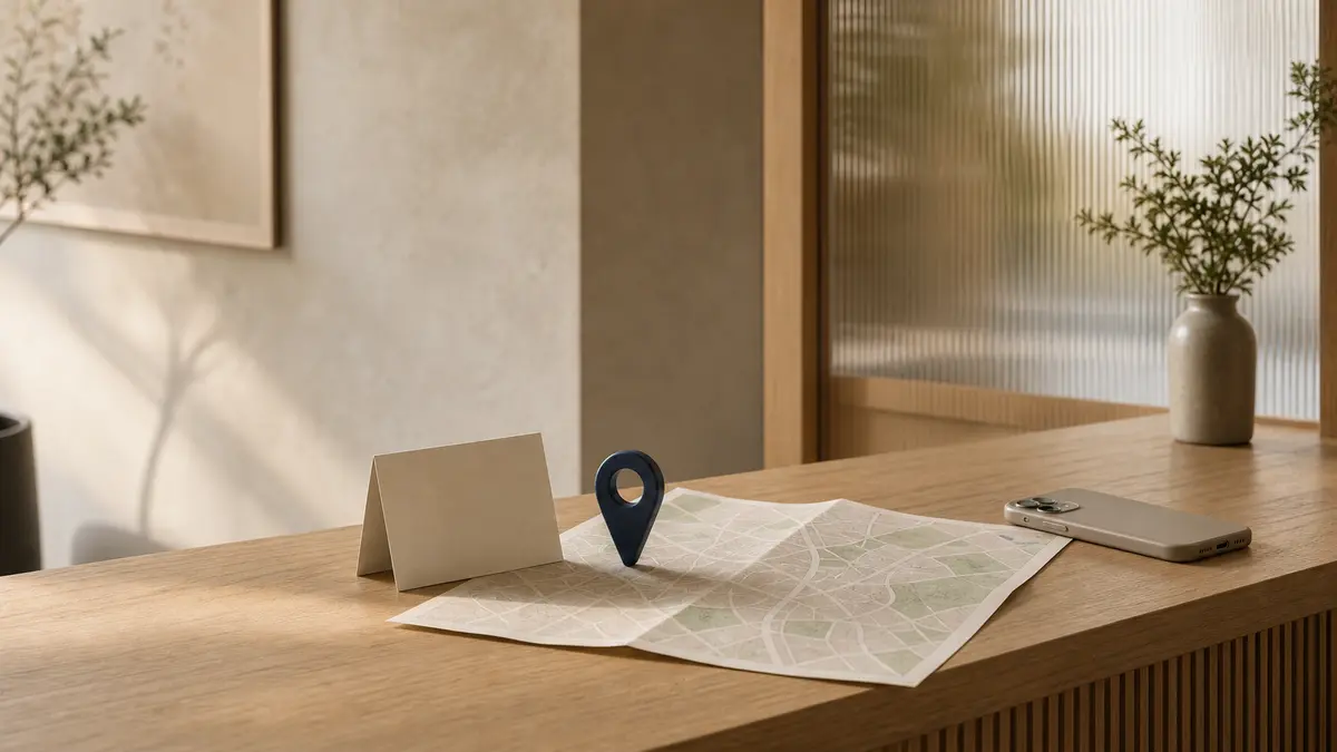 Plan de ville abstrait et repère bleu sur un comptoir en bois